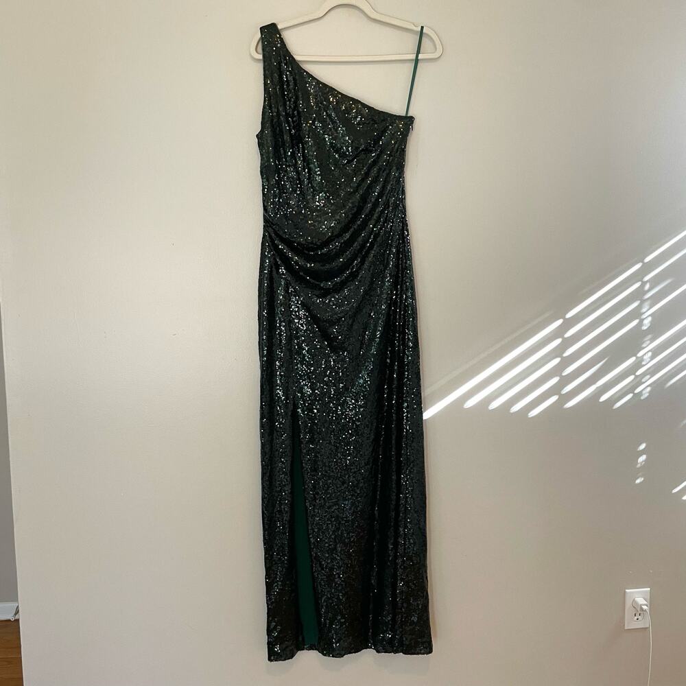 Lauren Ralph Lauren Size 12 Green Sequin Off Shoulder Dress Long Slit and Cape